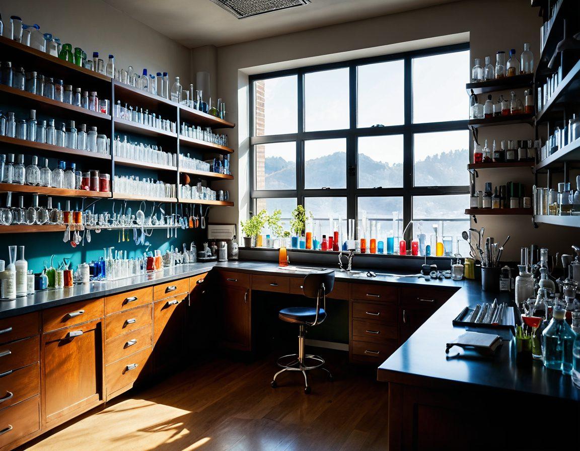 A dynamic laboratory scene showcasing various essential laboratory apparatus arranged neatly on a modern workbench. Include items such as beakers, test tubes, Bunsen burners, and pipettes, all labeled for educational clarity. The background should feature shelves filled with scientific books and a large window letting in bright sunlight to emphasize a clean and organized research environment. The overall composition should evoke a sense of professionalism and science exploration. super-realistic. vibrant colors. bright sunlight.
