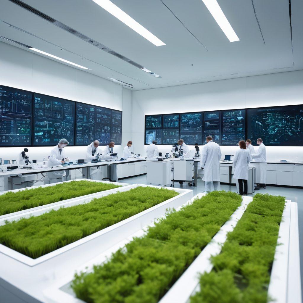 A dynamic laboratory setting showcasing specialized lab tools such as microscopes, pipettes, and centrifuges, all actively being used by diverse scientists in white lab coats. In the background, vibrant charts and formulas can be seen on screens, symbolizing scientific innovation. A lush green field can be glimpsed through a large window, merging nature with technology. super-realistic. vibrant colors. 3D.